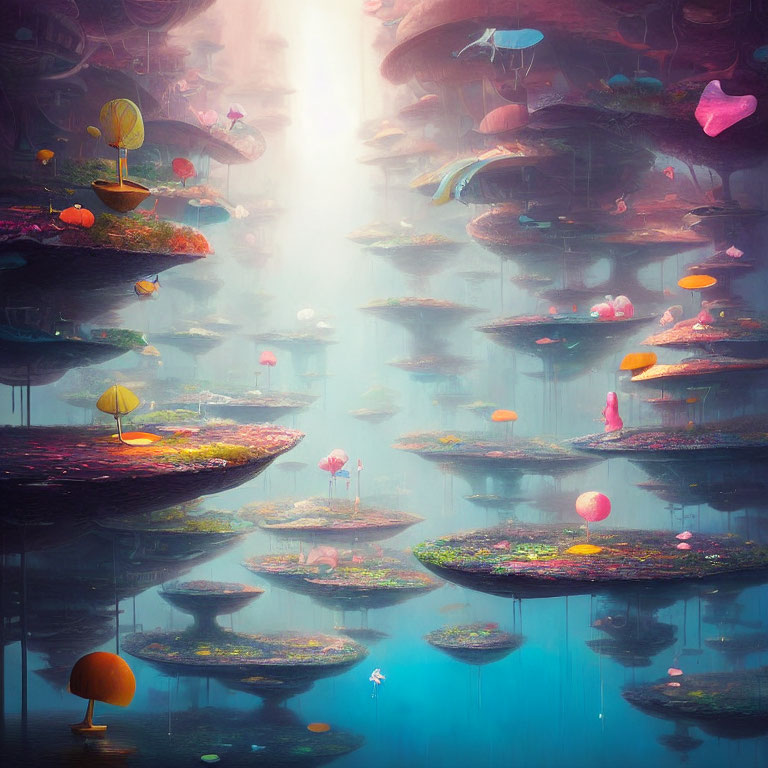 Enchanted forest with mushroom trees, floating islands, and luminous plants reflected in calm waters