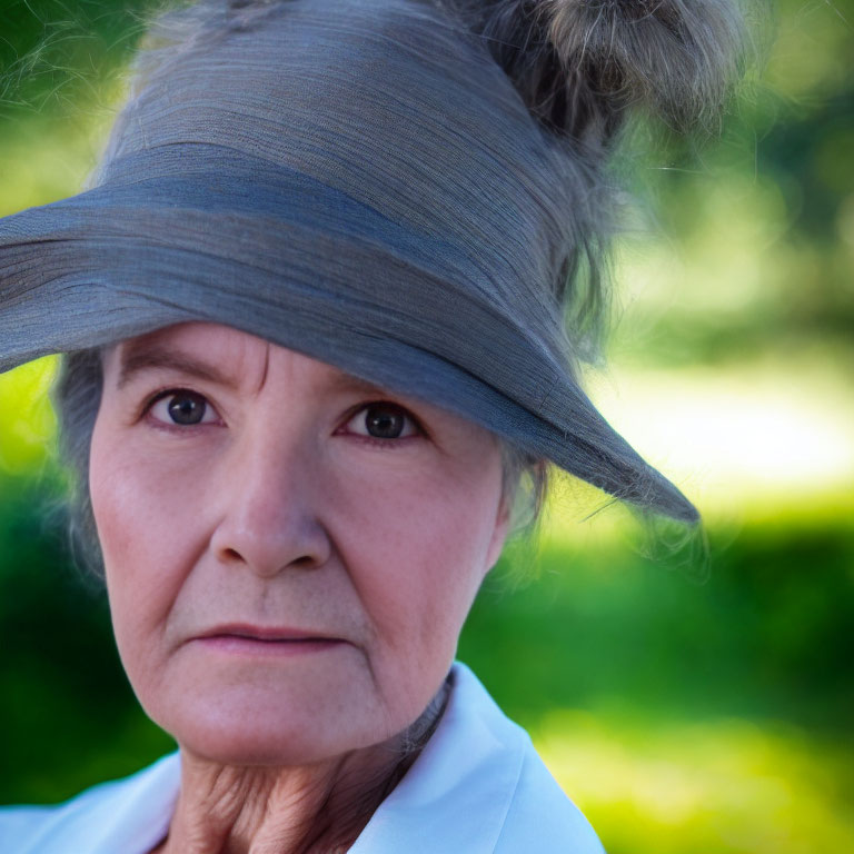 Elderly woman in wide-brimmed hat with serious expression, green blurred background