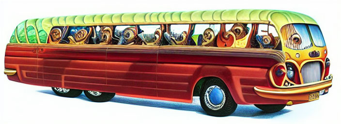 Stylized cartoon illustration of glossy, retro-futuristic bus