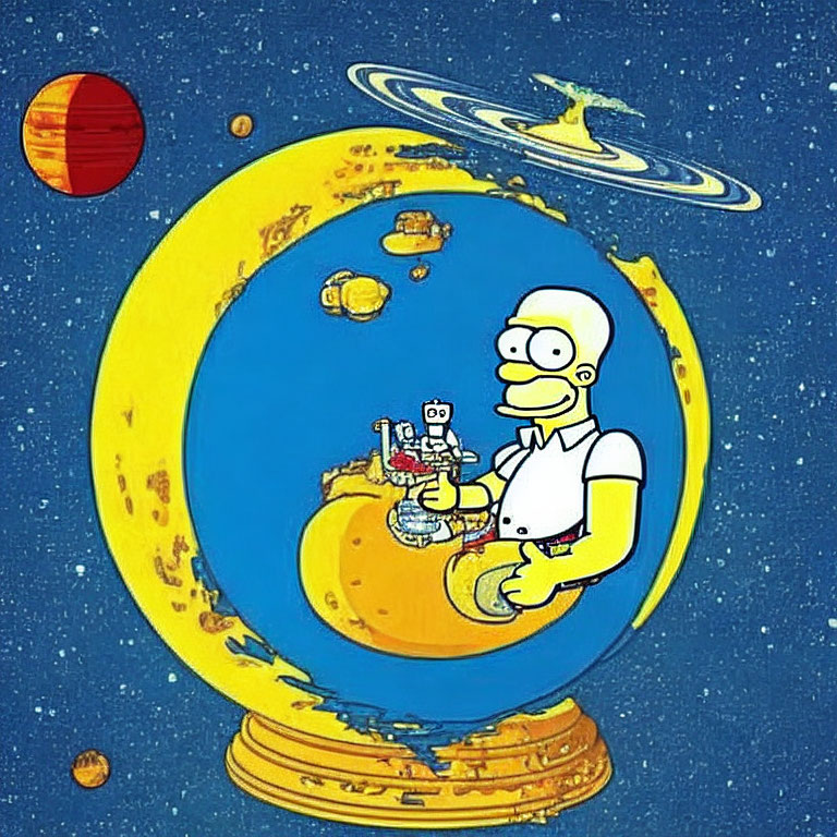 Cartoon illustration: Homer Simpson on motorcycle in space planet with celestial bodies.