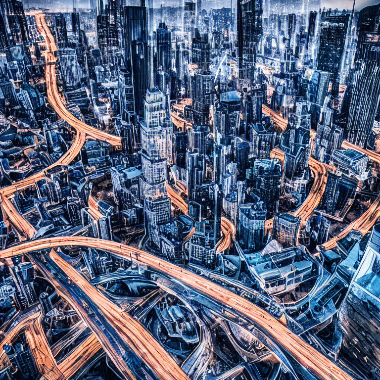 Urban skyline with skyscrapers and highways in high-contrast blue tones