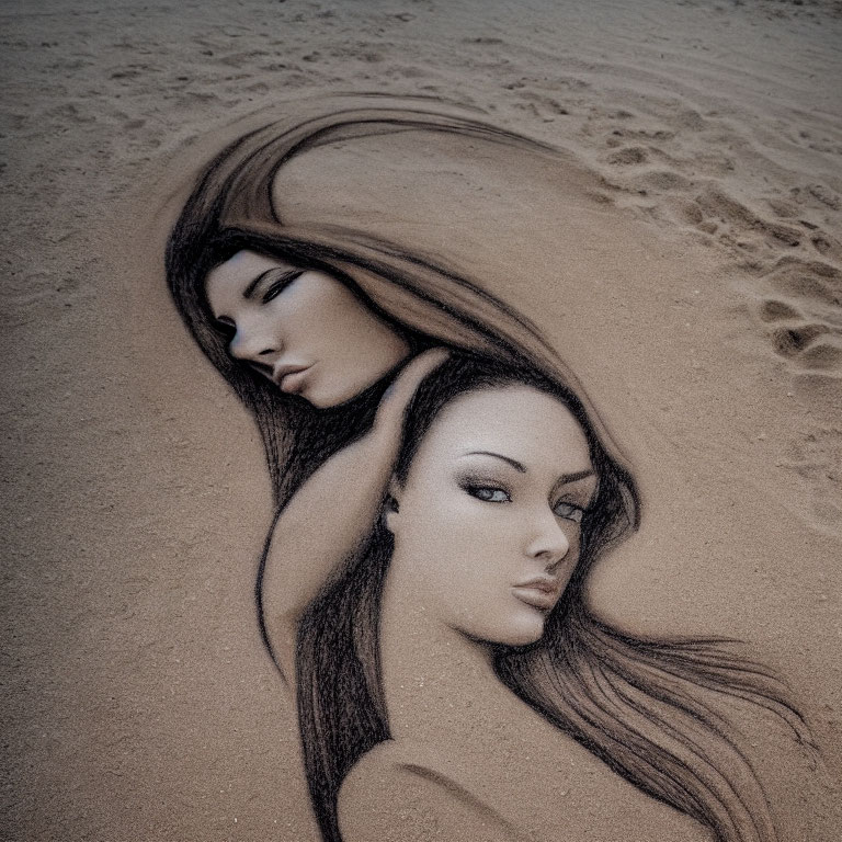 Detailed Sand Drawing of Two Women on Beach with Flowing Hair
