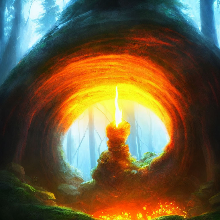 Enchanting forest tunnel with warm glowing flame in foggy setting