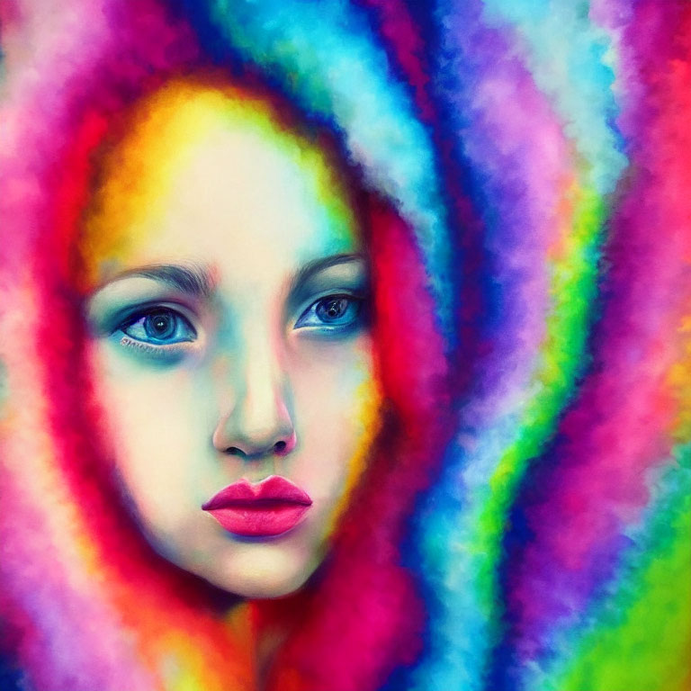 Colorful portrait of a woman with blue eyes and pink lips in swirling rainbow hues
