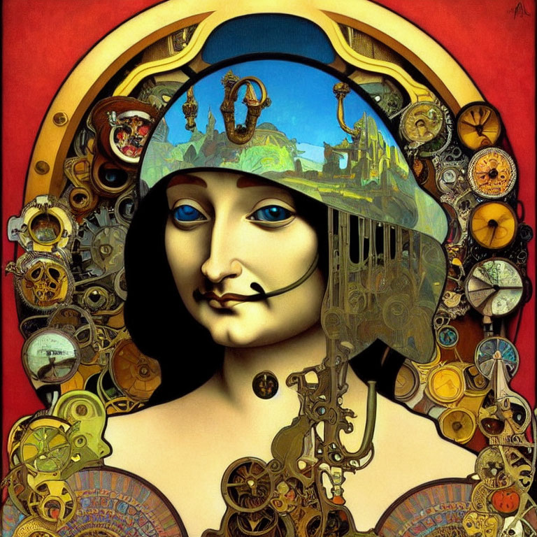 Surrealist portrait blending Mona Lisa with steampunk machinery on red background