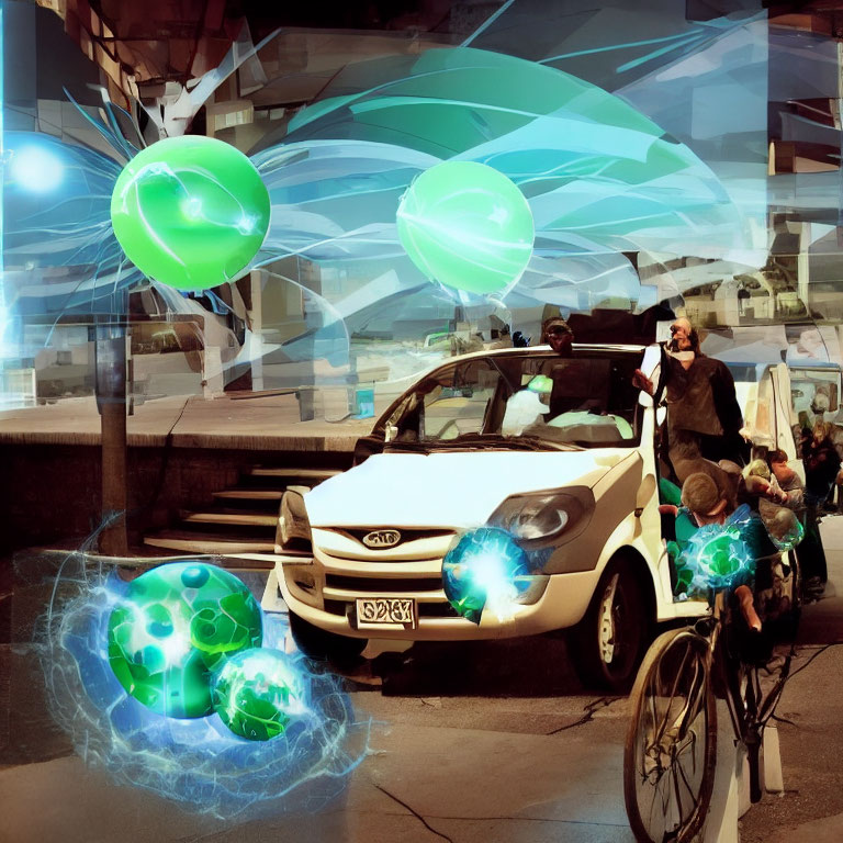 Digitally altered photo featuring car, bicycle, figures, green orbs, and blue shapes on urban street