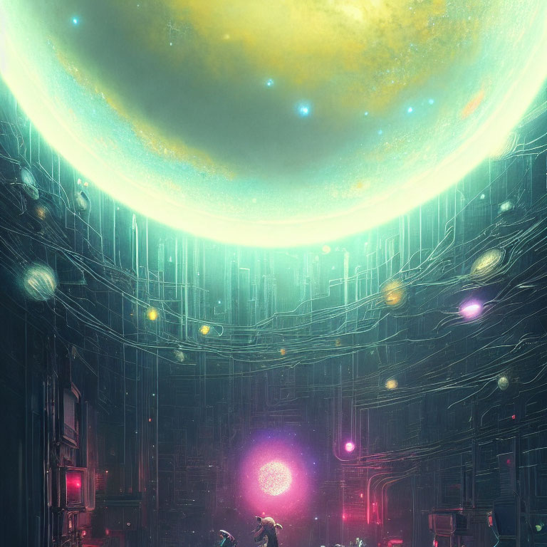 Futuristic cityscape with towering structures, neon lights, luminous ring, and glowing orbs