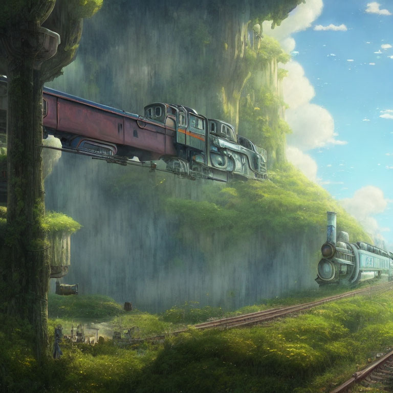 Fantastical image: Trains on lush track with waterfalls & trees