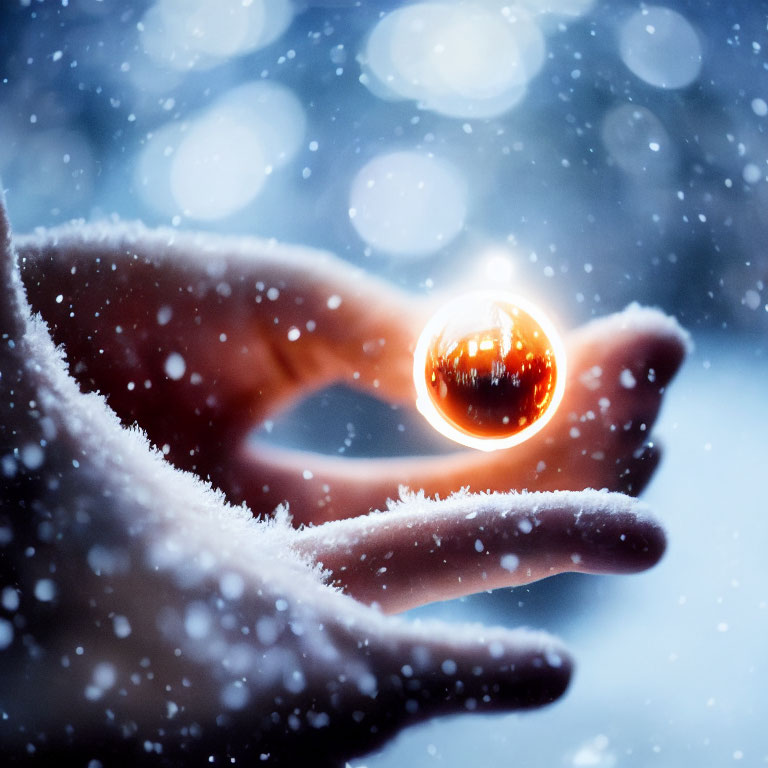 Glowing orb held in hand amidst falling snowflakes and wintry backdrop