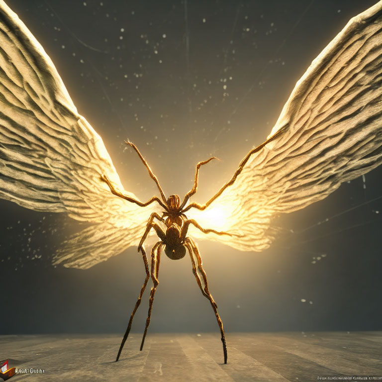 Spider-bodied creature with luminous wings on glowing backdrop.