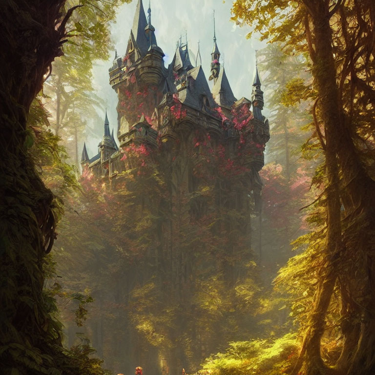 Sunlit forest castle with vibrant foliage