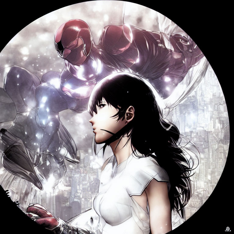 Dark-haired woman gazes pensively with Iron Man-like figures in cityscape.