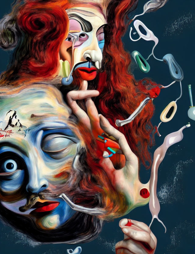 Surreal painting with overlapping distorted faces and floating objects