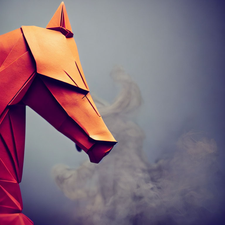 Orange Origami Horse Head with Gray Smoke Background