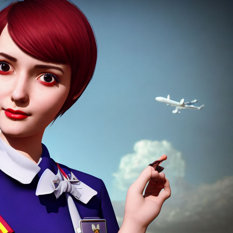 Red-haired female animated character with small plane against cloudy sky and distant aircraft.