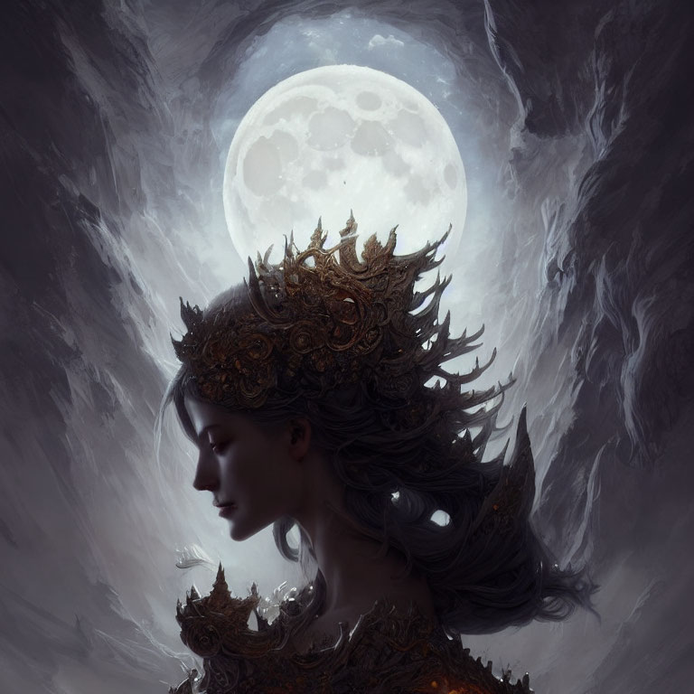 Serene woman with ornate crown under full moon and swirling clouds