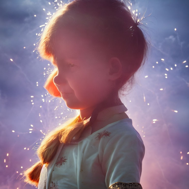 Young girl contemplating with fireworks in the sky