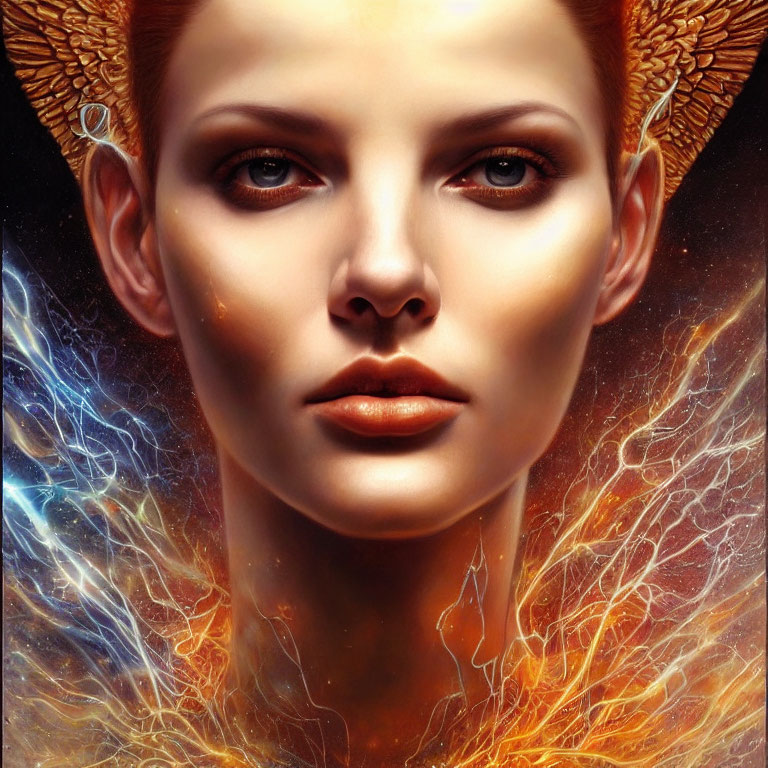 Vibrant digital artwork of a woman with cosmic aura and flames