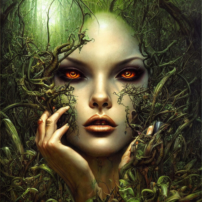 Mystical Woman with Red Eyes Surrounded by Greenery