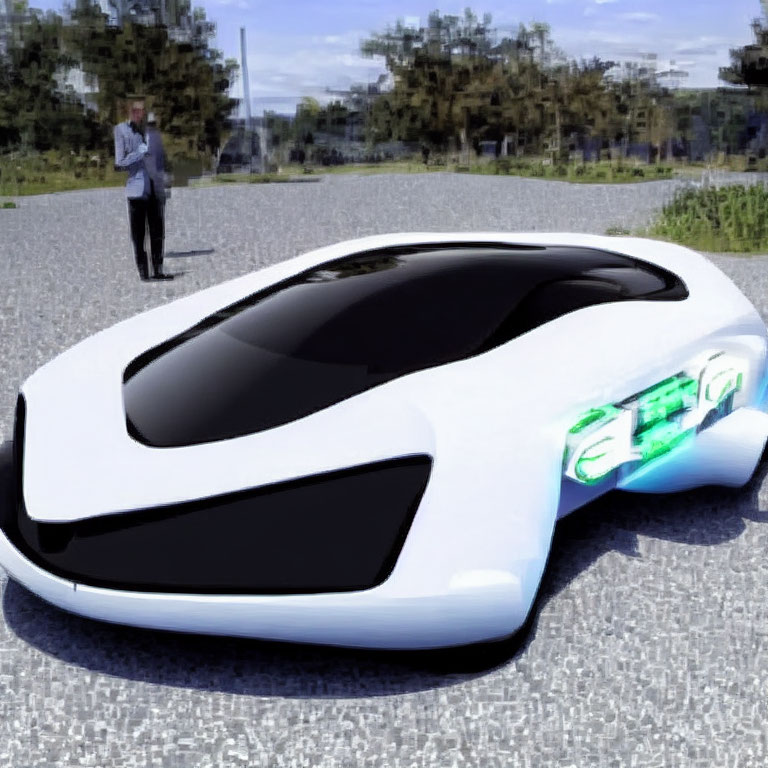 Futuristic white car with green illuminated wheels and man in background.