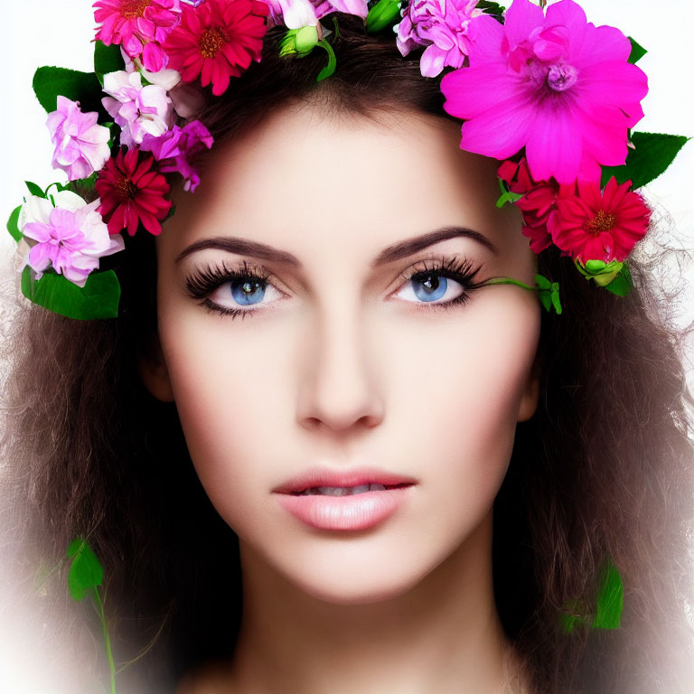 Woman with Clear Skin and Blue Eyes in Vibrant Floral Crown