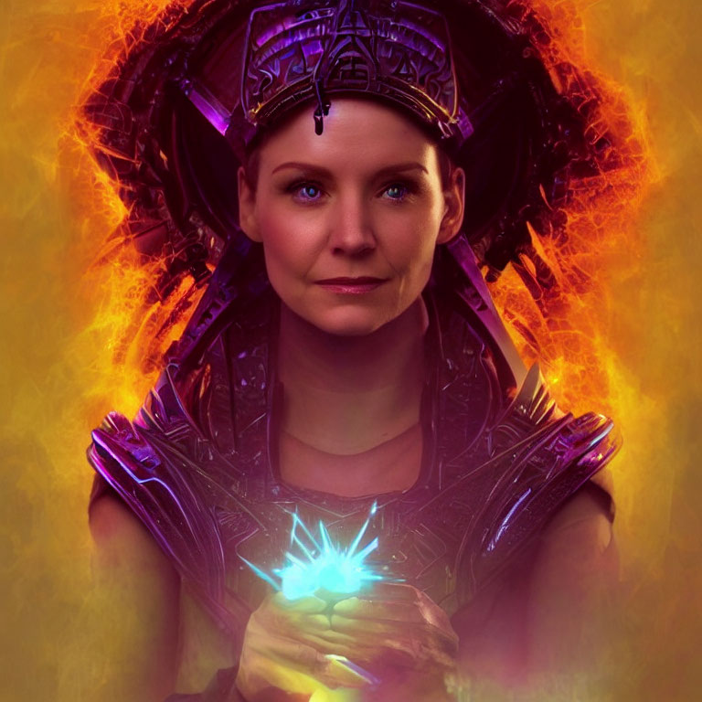 Intense-eyed woman in purple sci-fi armor with glowing blue crystal