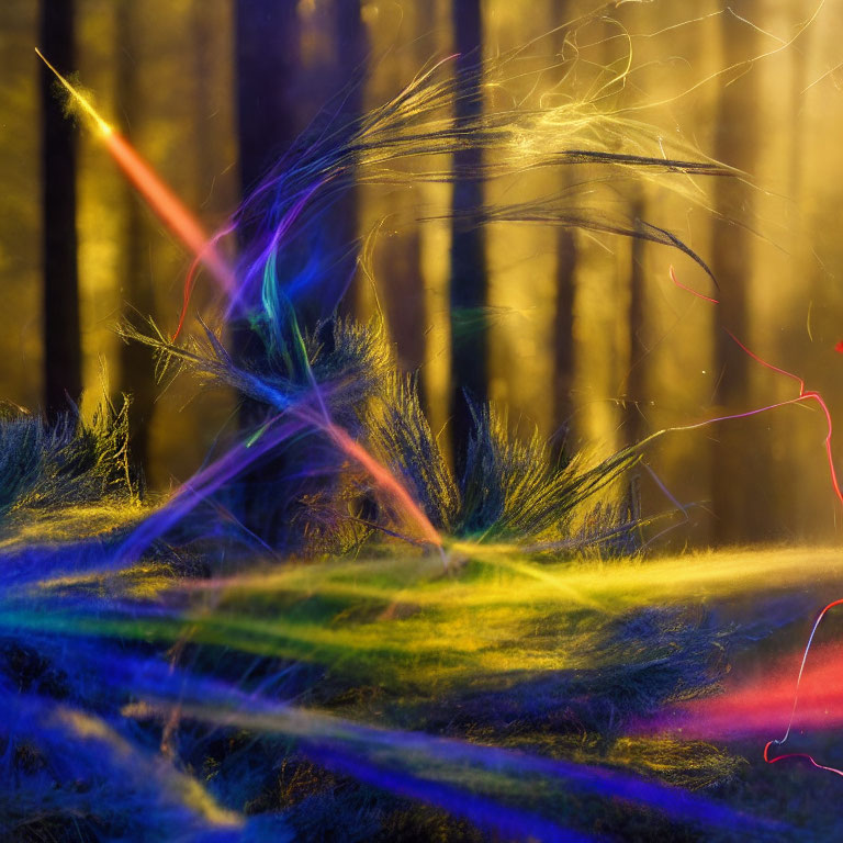 Vibrant light streaks in forest scene with mystical glow