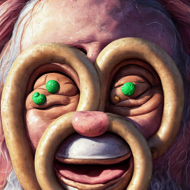 Illustration of surreal face with pretzel-shaped glasses and green button eyes