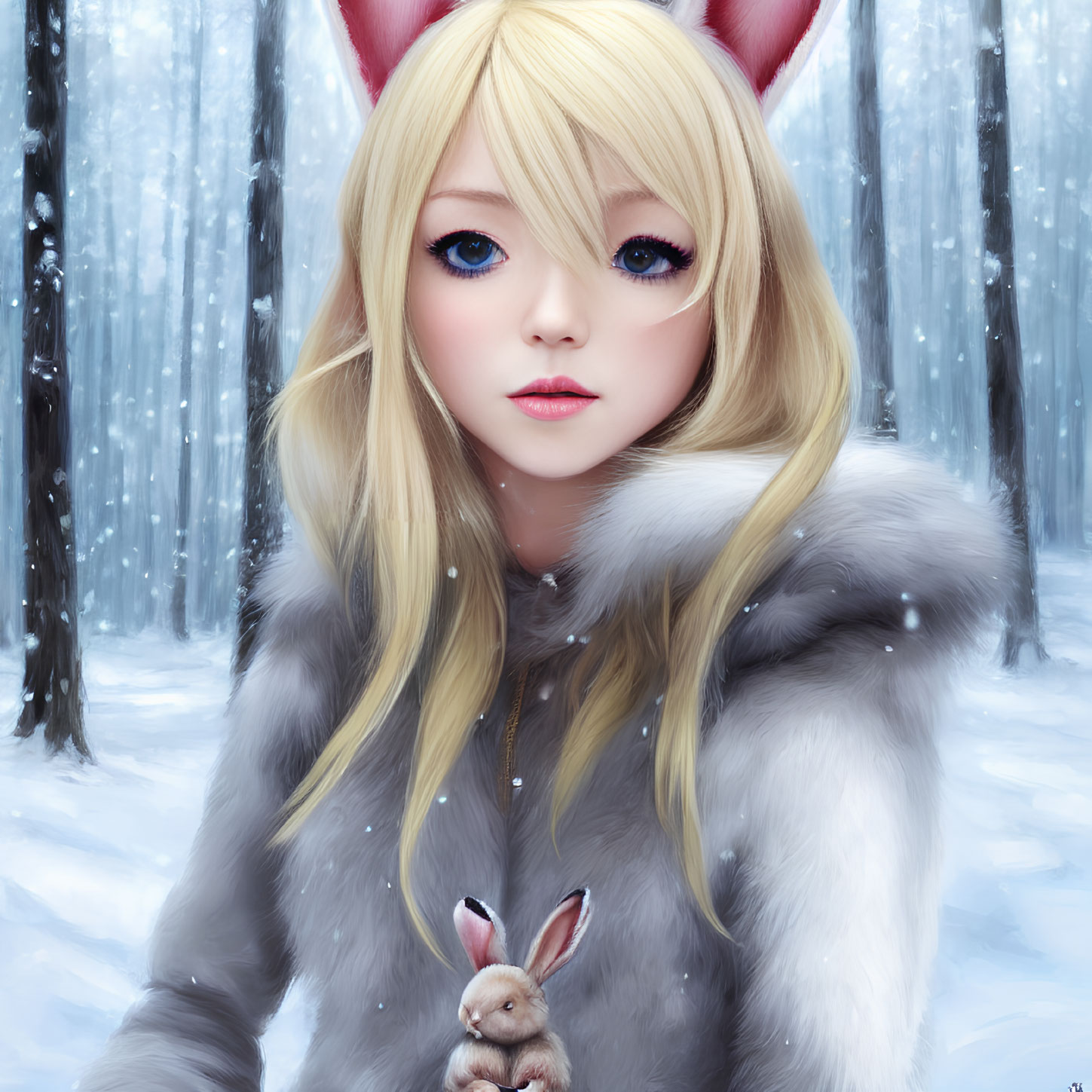 Blonde Girl with Animal Ears and Rabbit in Snowy Forest