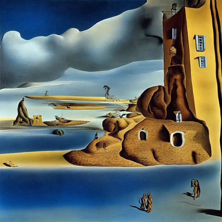 Surrealistic painting: distorted elements, melting clocks, desert landscape, abstract figures