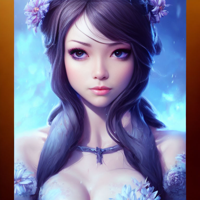 Digital artwork featuring female with long wavy hair, blue tones, large eyes, and flower accents