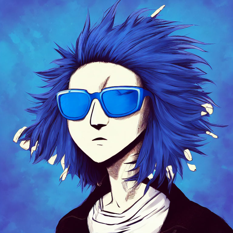 Spiky Blue-Haired Character in Blue Sunglasses on Textured Background