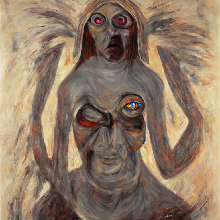 Surreal humanoid figure with multiple features on warm-toned background