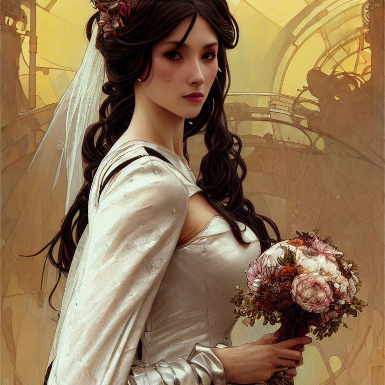 Woman in white dress with bouquet and clock gears background