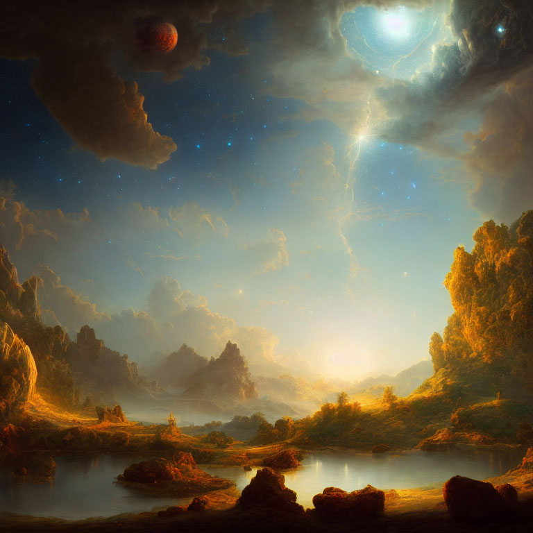 Surreal landscape with river, rocks, celestial glow, dual sky bodies, lightning