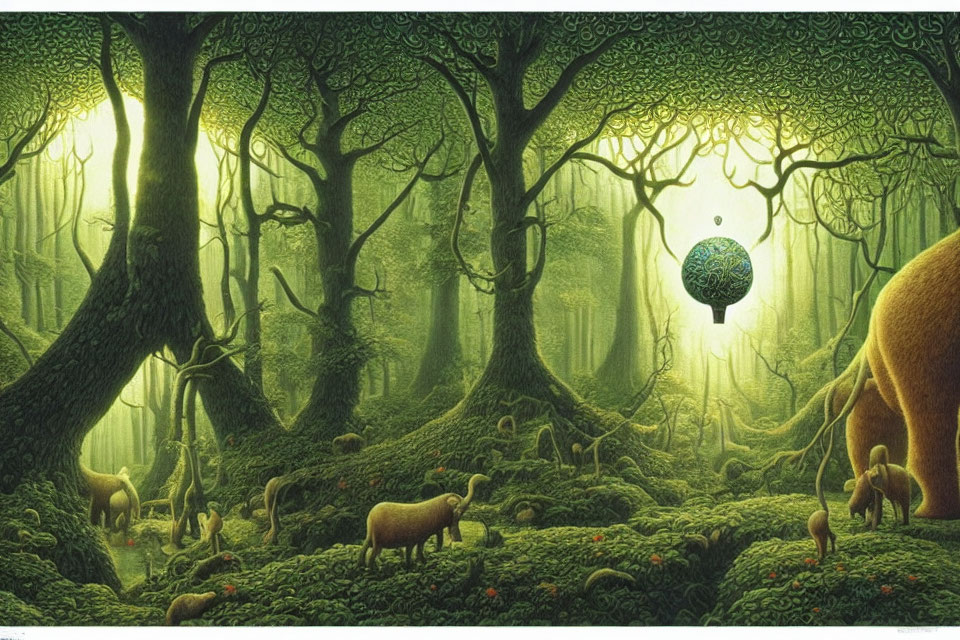 Enchanting forest scene with unique creatures and glowing orb