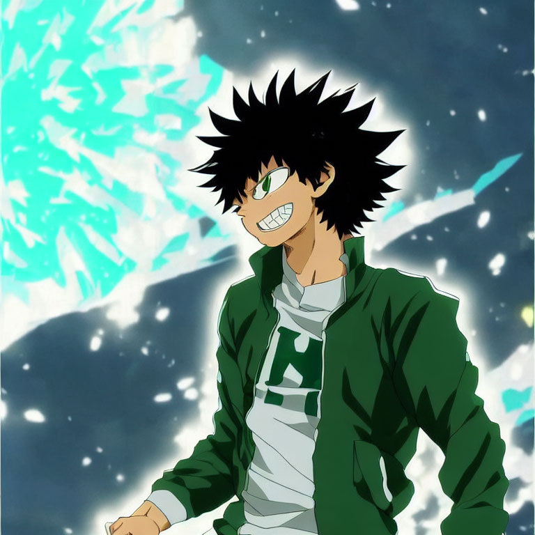 Spiky black hair, green eyes, green track jacket character in front of blue crystals