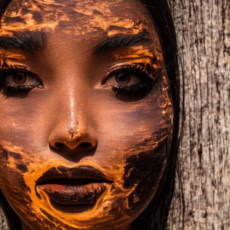 Striking makeup resembling molten lava on woman against textured wooden backdrop