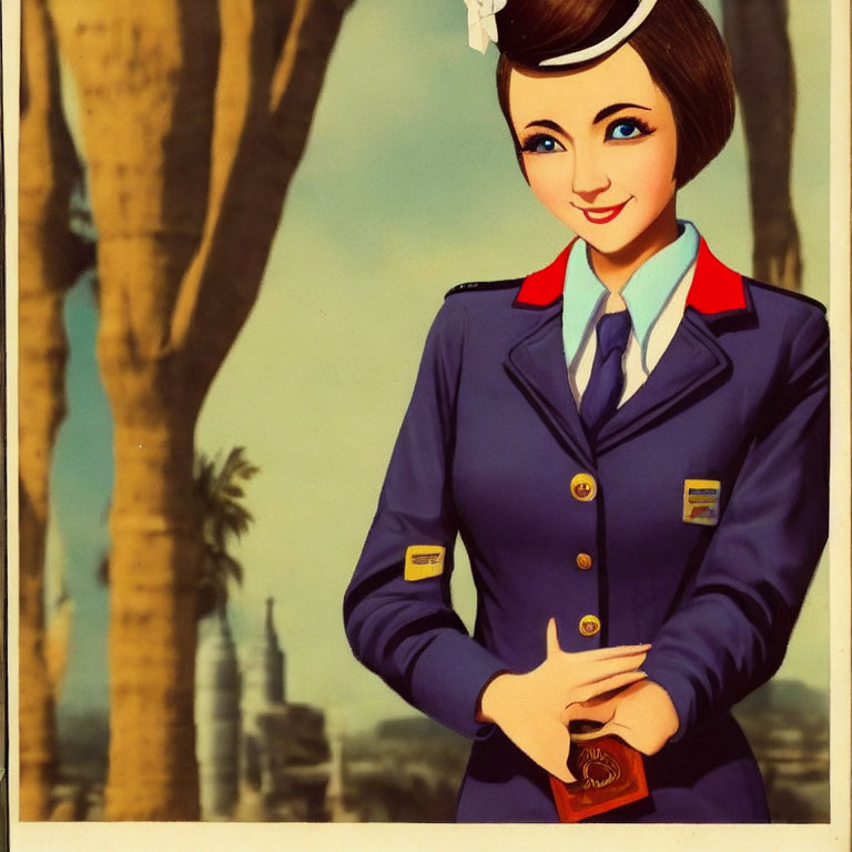 Smiling female flight attendant in blue uniform with passport, palm trees, and cityscape.