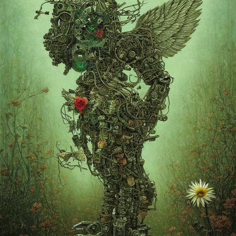 Mechanical angel figure with gears and rose in murky background