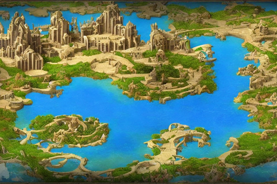 Fantastical landscape with blue lake, mythical structures, and greenery