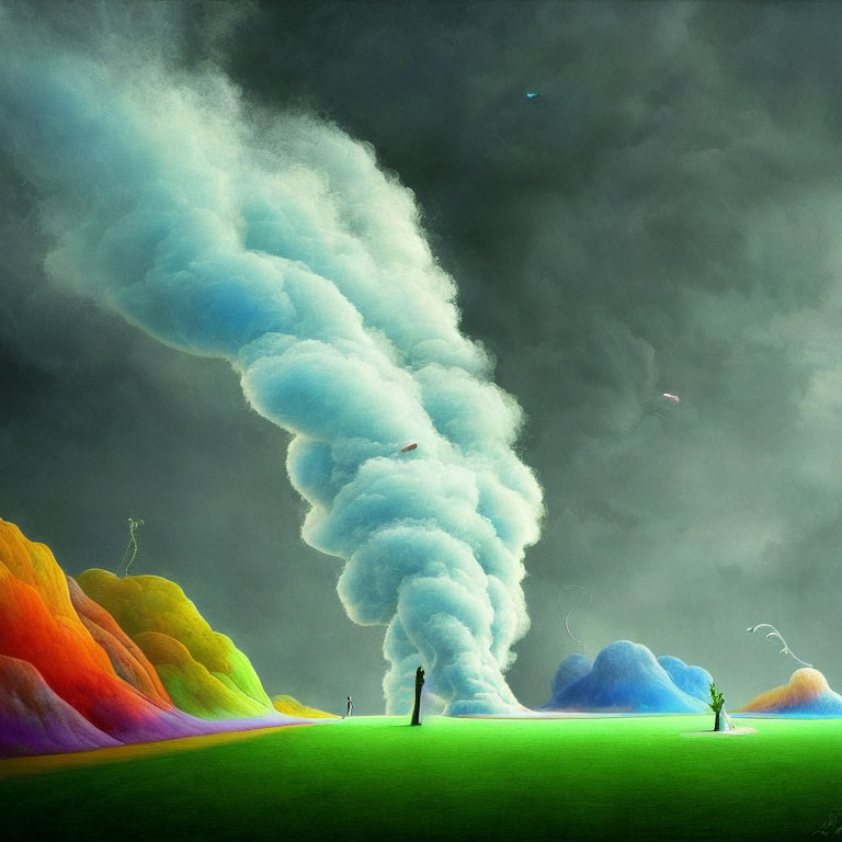 Colorful Rolling Hills and Towering Cloud Column in Surreal Landscape