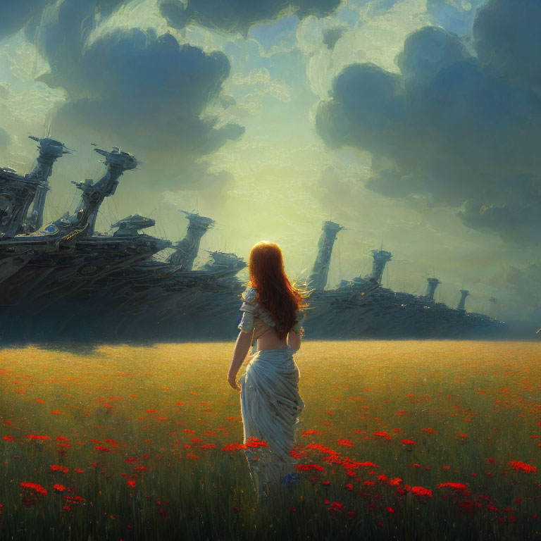 Woman admires red flower field under dramatic sky with floating ship-like structures