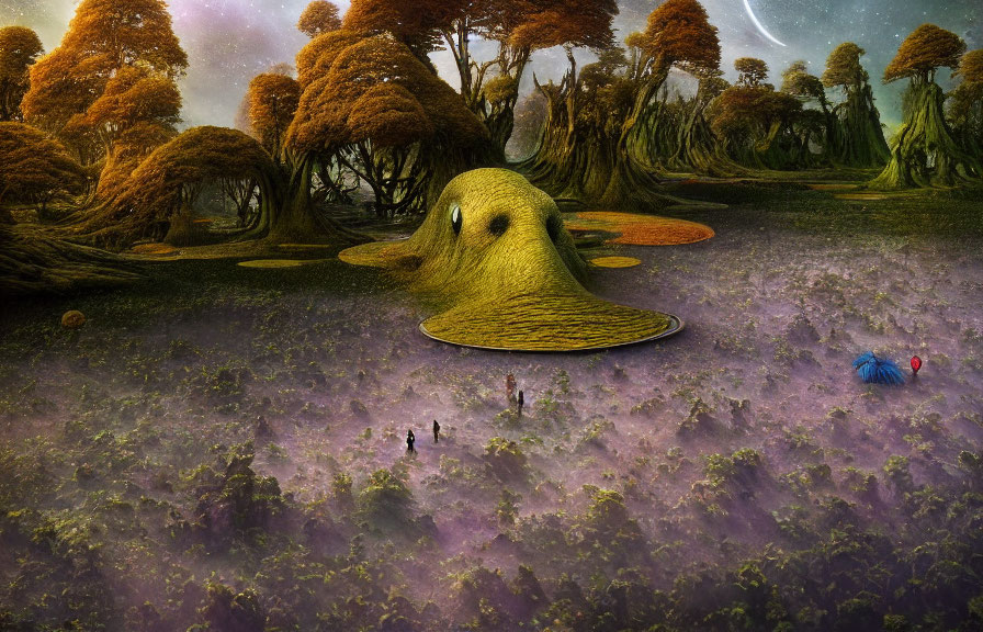 Giant duck-like hill dominates surreal landscape with human figures and whimsical trees.