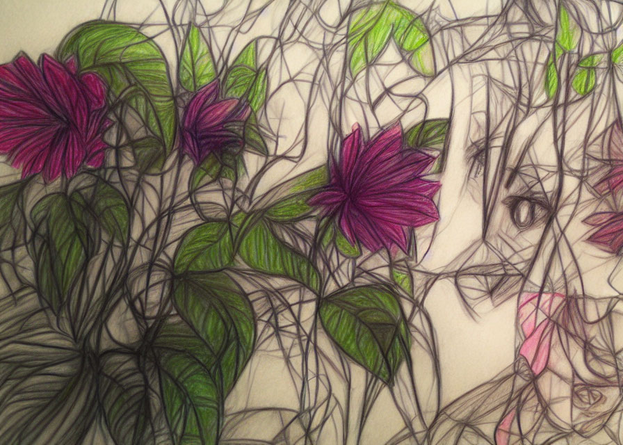 Detailed pencil drawing of a face obscured by vines and purple flowers