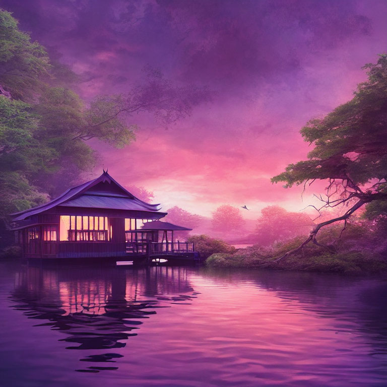 Tranquil traditional pavilion by calm lake with purple foliage under misty sunset sky