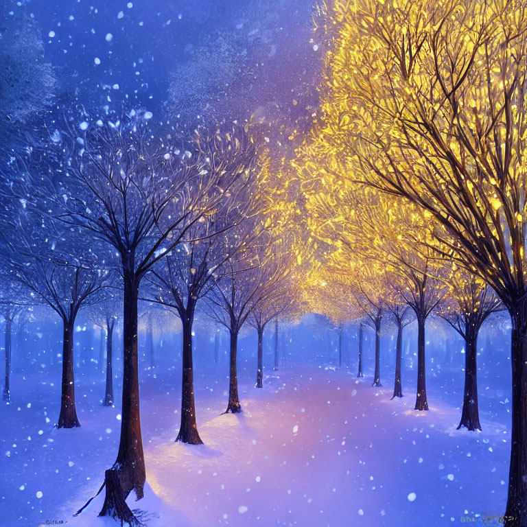 Winter Night Scene: Glowing Trees, Falling Snowflakes