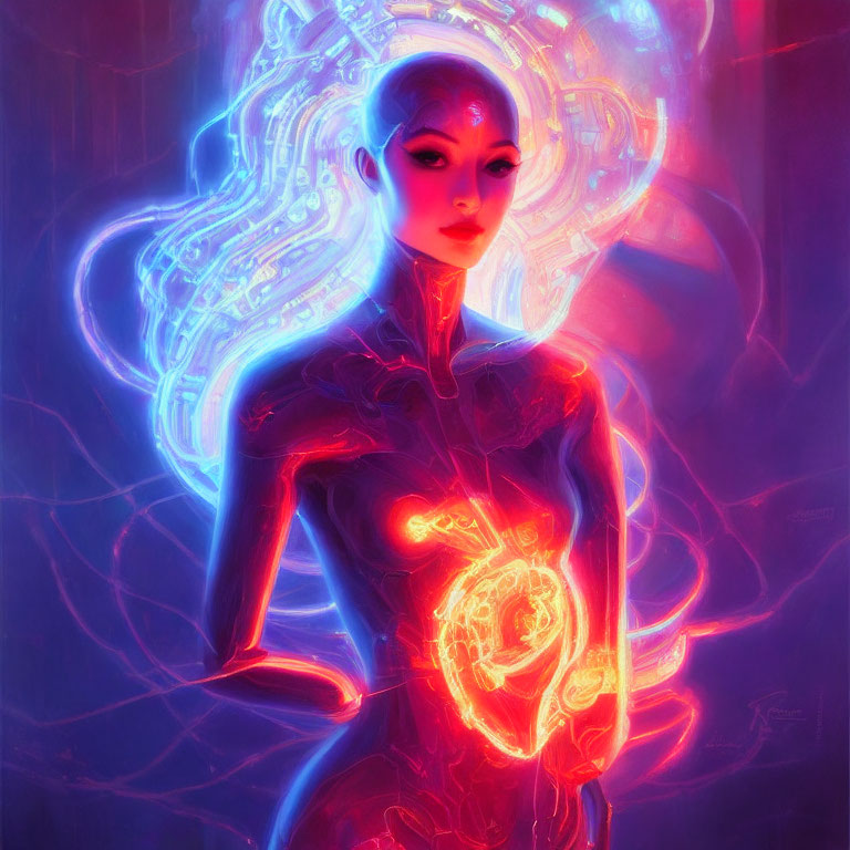 Stylized female figure with cybernetic features on neon background