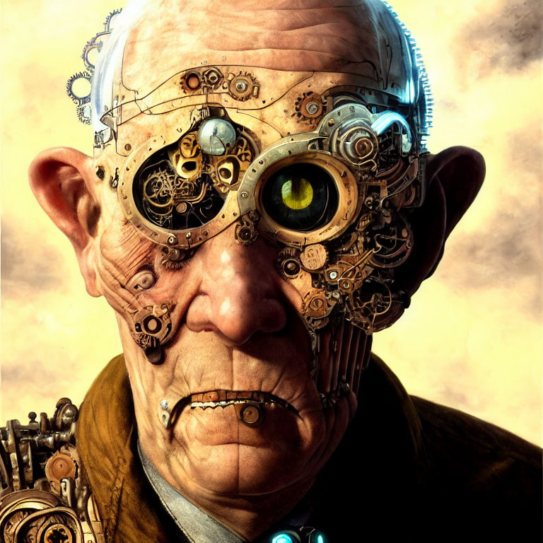 Elderly man with steampunk-style mechanical prosthetic on face