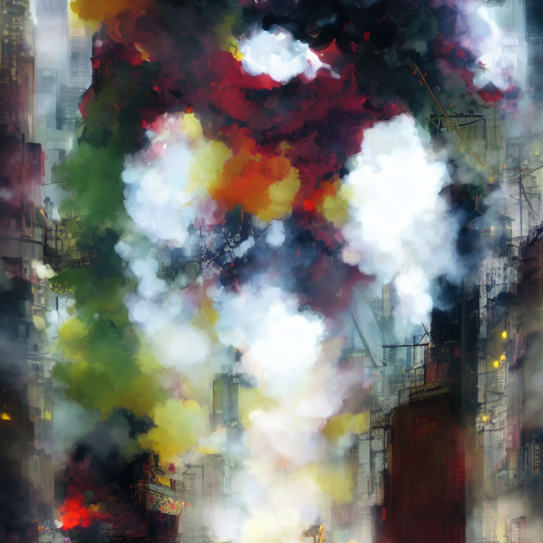 Vibrant abstract painting of urban scene with colorful smoke plumes and high-rise buildings.